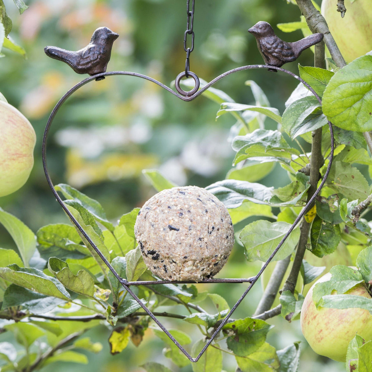Apfel-Meisenknödelhalter in Schmiedeeisenoptik mit Deko Vögeln 25cm
