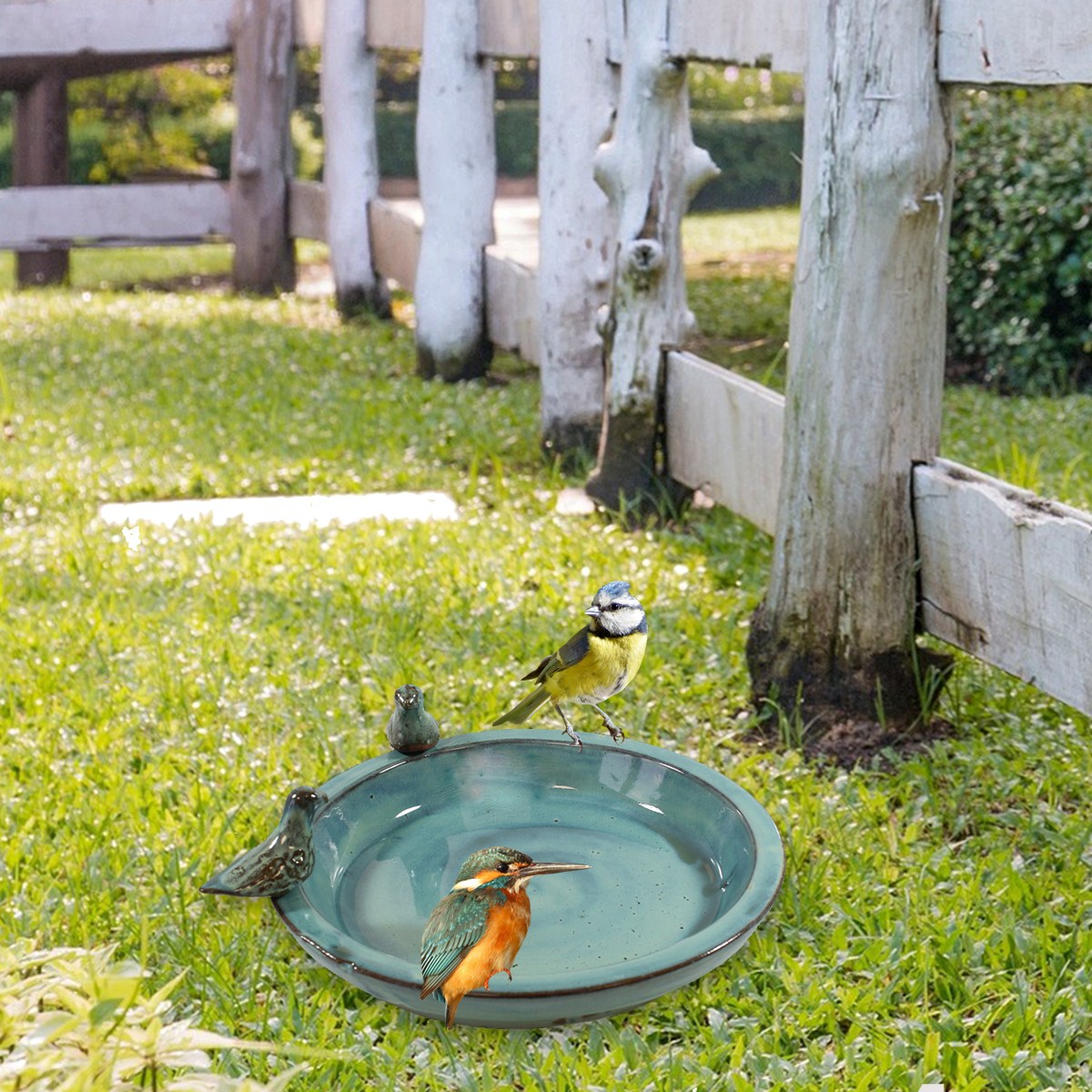 colourliving Vogeltränke für den Garten 30 cm gruen Keramik Vogeltränke rund Vogelbad Garten