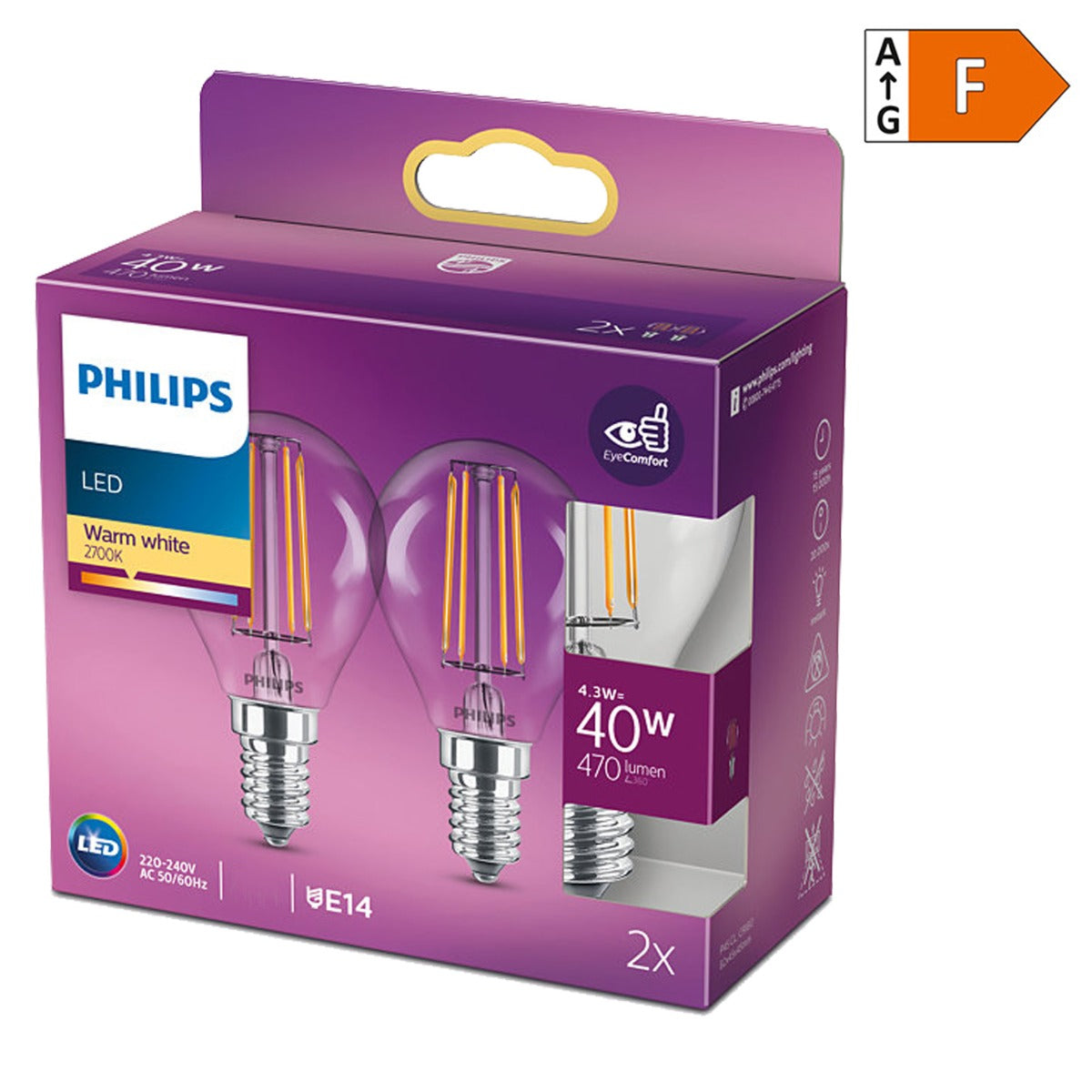 Philips LED Leuchtmittel 4,3W (40W) warmweiß 2er-Pack E14 [Energieklasse F]
