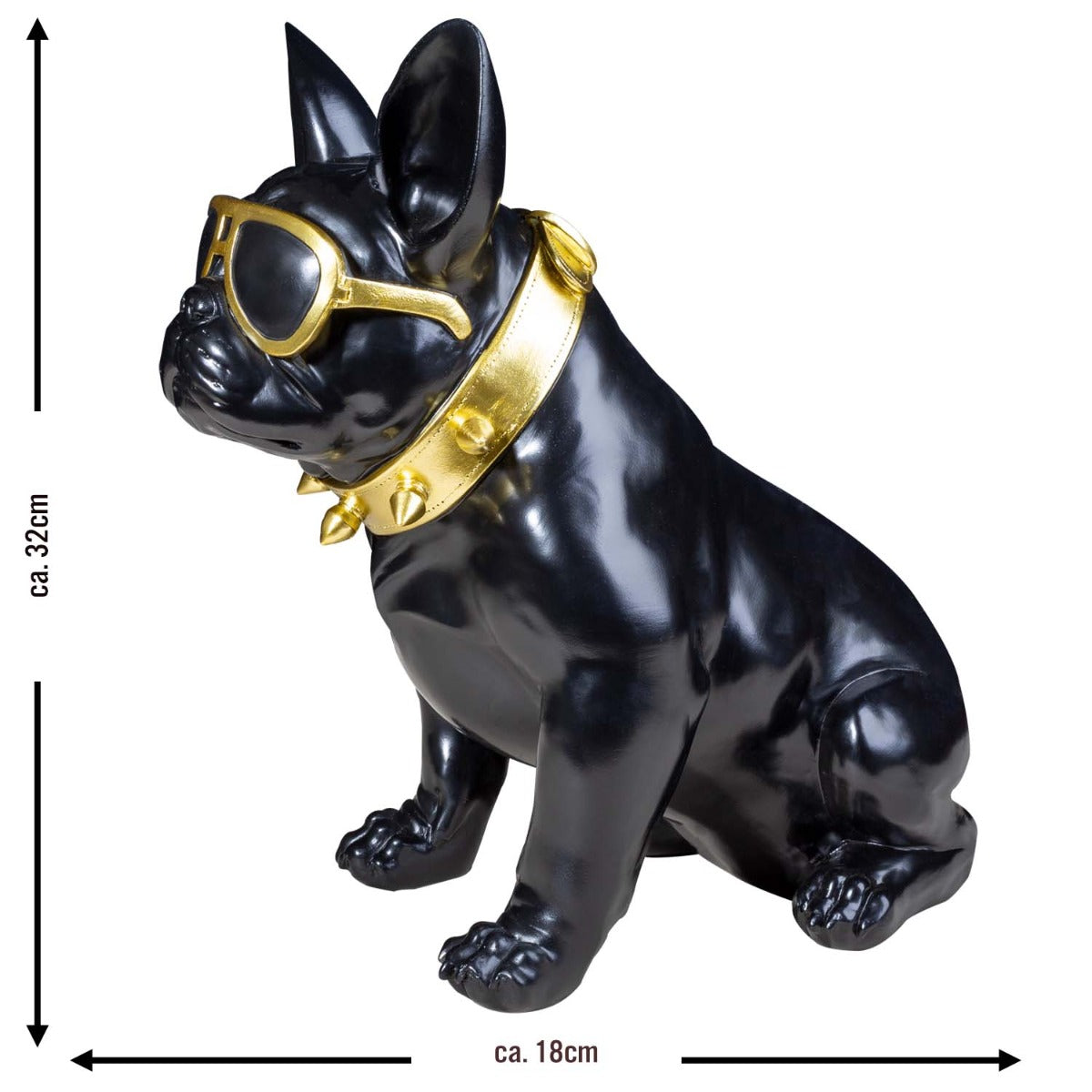 Französische Bulldogge Deko Hundefigur Siggi klein mit Brille und Nietenhalsband Deko Bulldogge schwarz