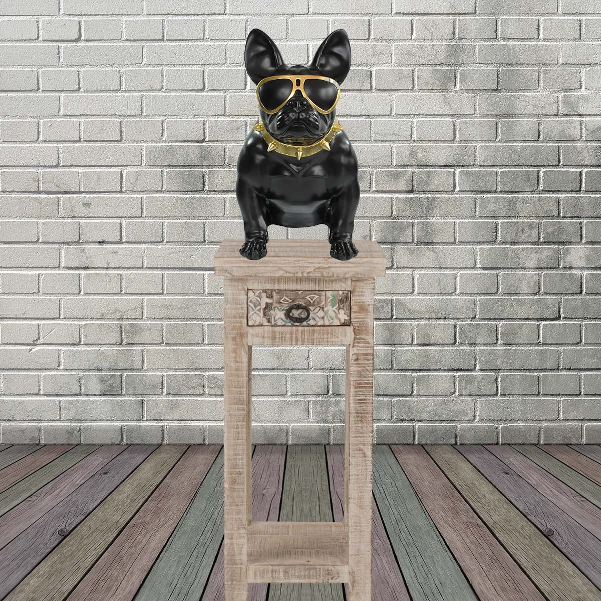 Französische Bulldogge Deko Hundefigur Siggi mit Brille und Nietenhalsband Deko Bulldogge schwarz