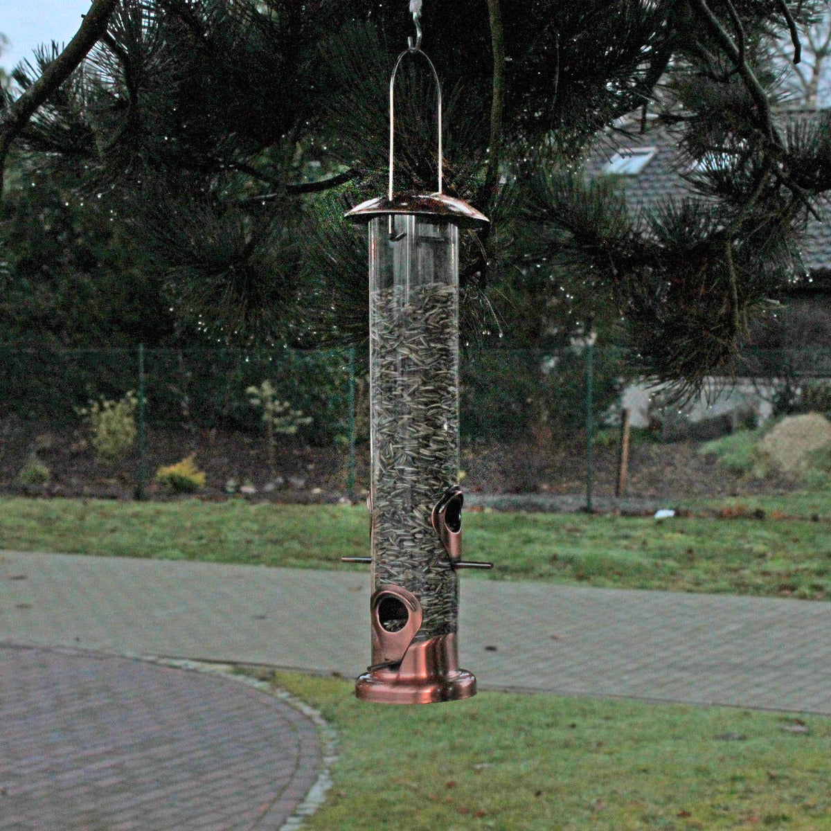 Vogelfutterstation zum hängen Plexiglas Vogelfuttersäule Tower Kupfer Optik Vogelfutter Silo Futtersäule