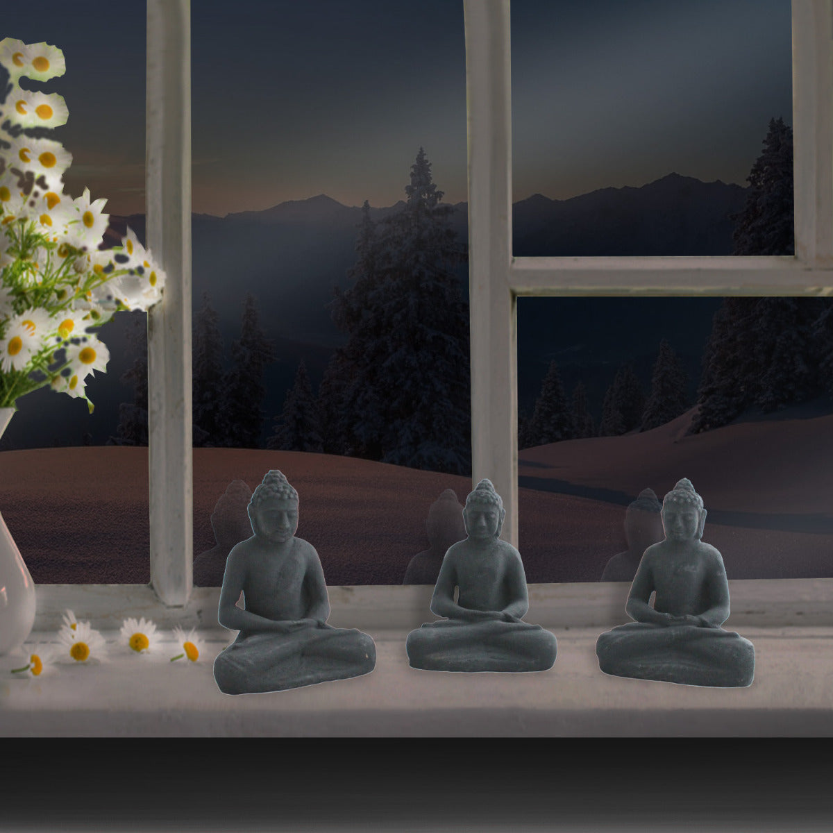 Dekofigur Buddha 3er Set aus Stein Meditation Feng Shui Gartenfigur Dekoration