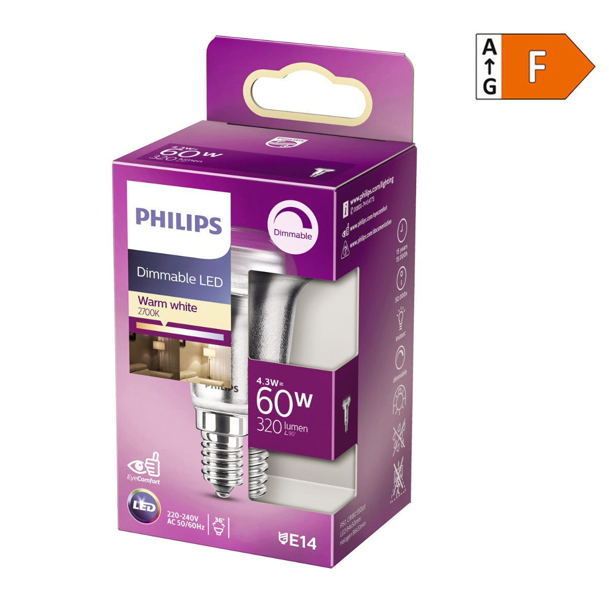 Philips LED Leuchtmittel 4,3W (60W) warmweiß E14 dimmbar [Energieklasse F]
