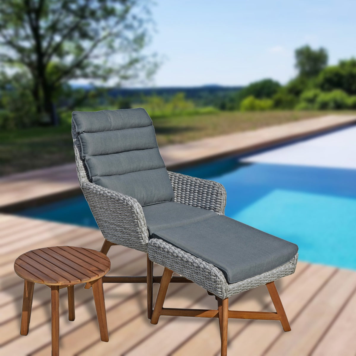 Balkon Loungemöbel Rattan Lounge-Set Sessel Hocker mit Auflagen Beistelltisch Farbe: grau