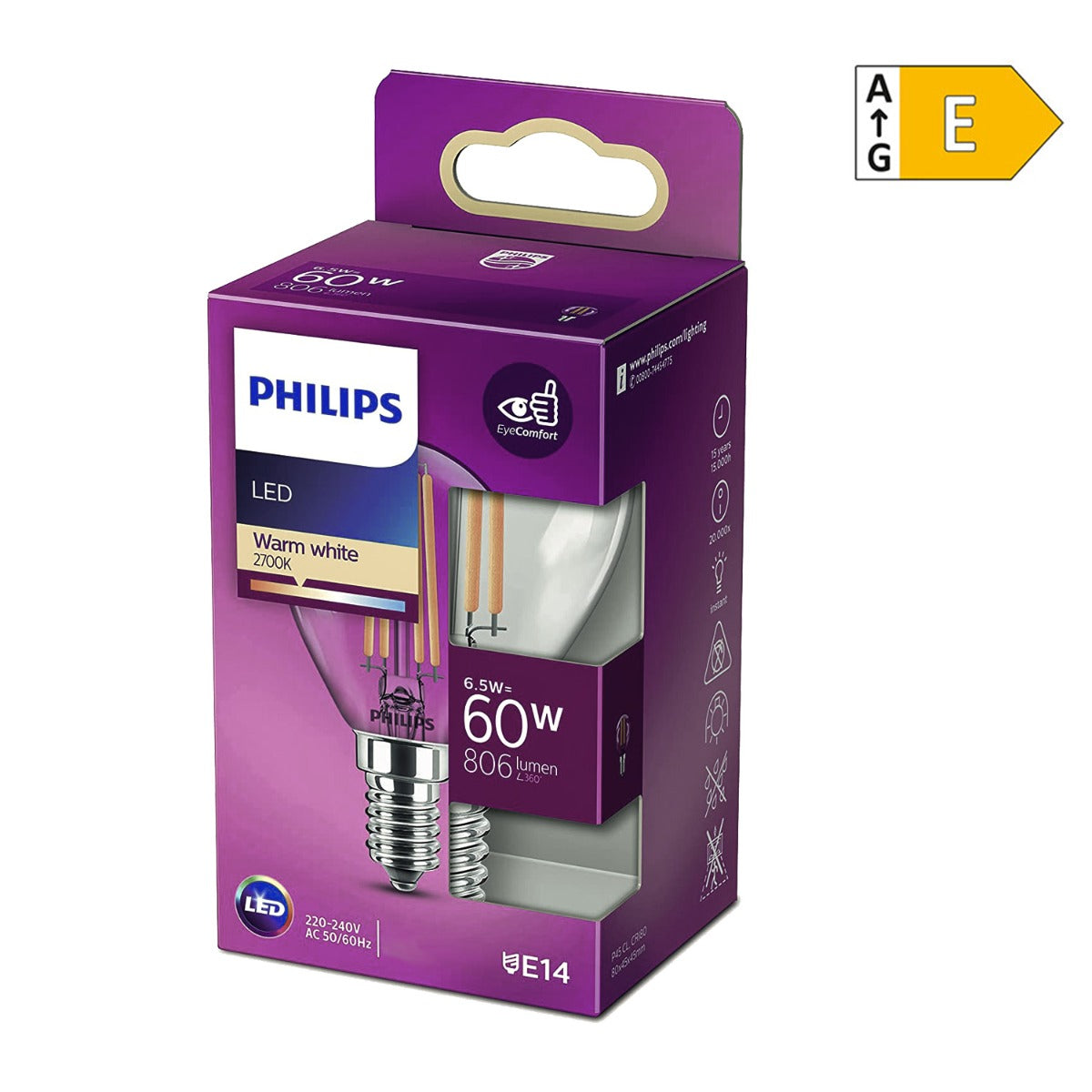 Philips LED Leuchtmittel E14 6,5W (60W) warmweiß [Energieklasse E]