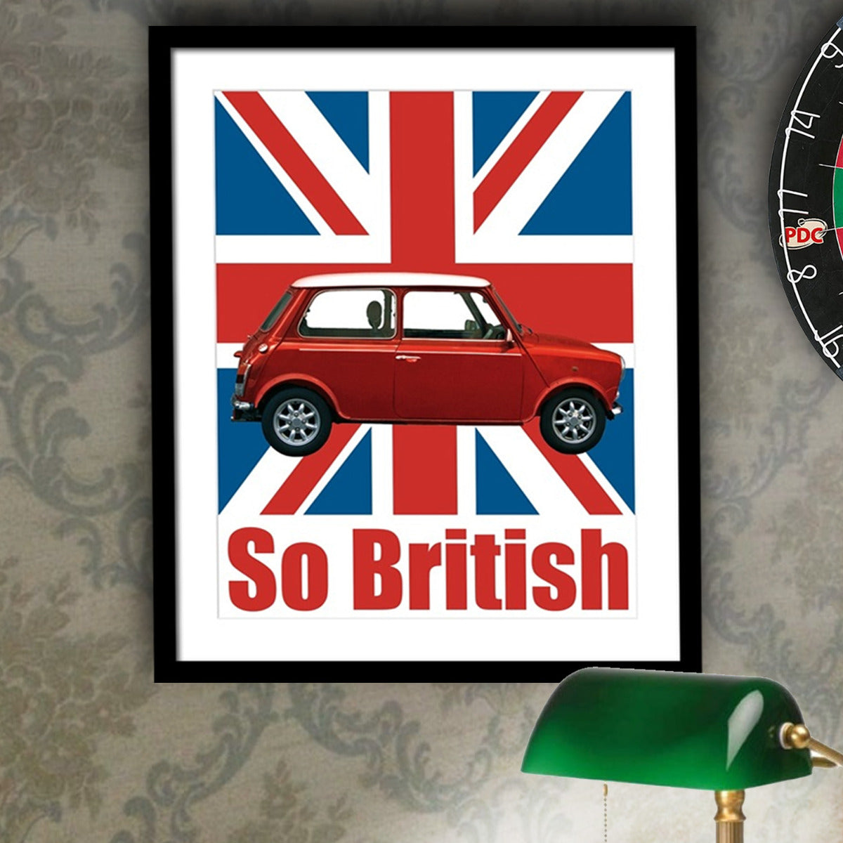 Wandbild Bild mit Rahmen Auto Mini Cooper "So British" 50x60 cm Mini Autobild Mini Cooper Bild