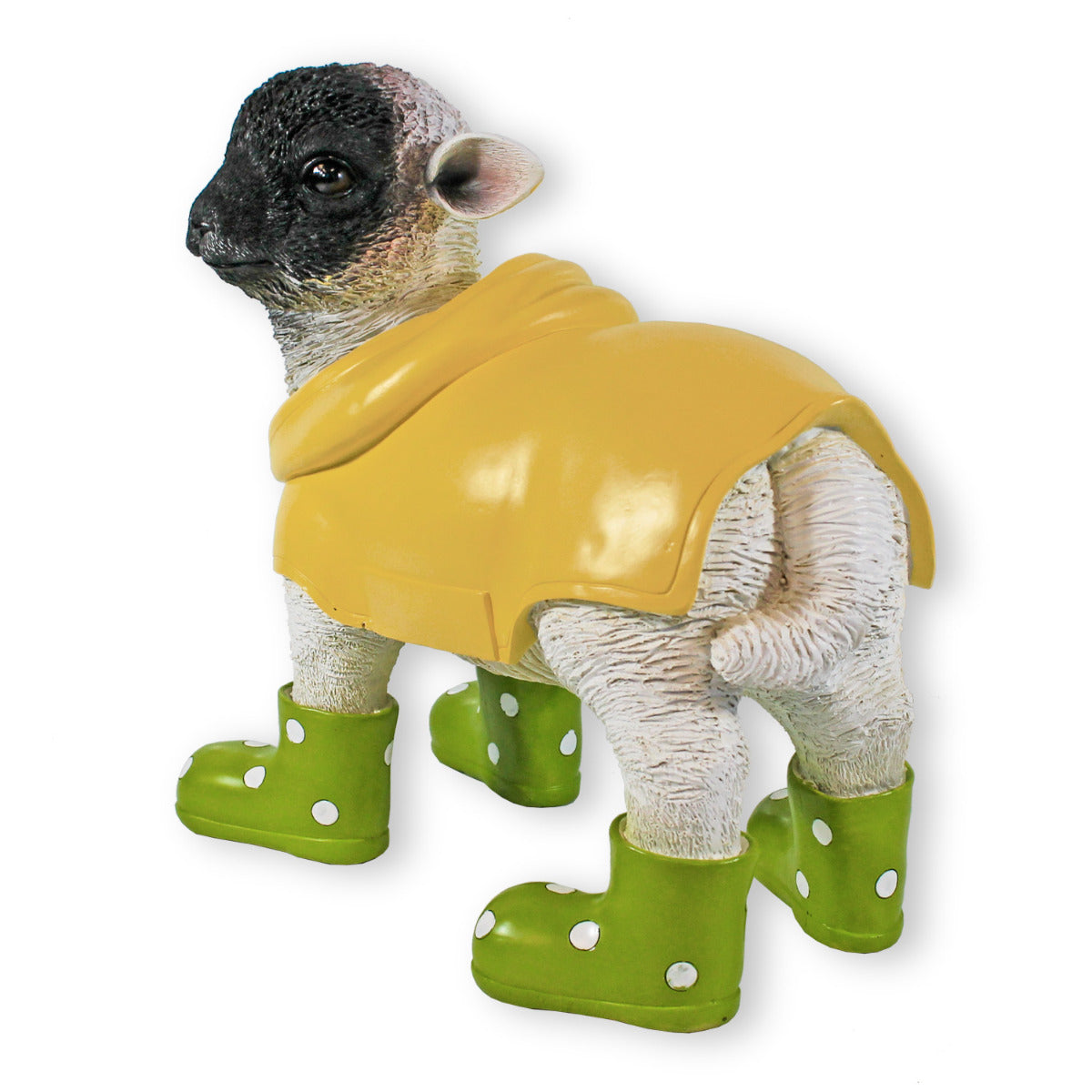 Gartenfigur Schaf mit Gummistiefeln gruen und Regenmantel Lamm Figur Garten Dekofigur Lamm