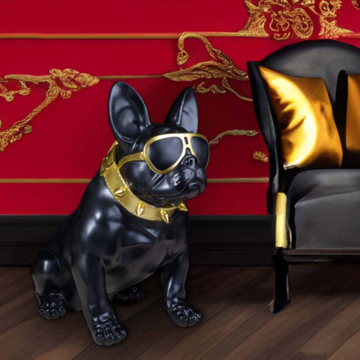Französische Bulldogge Deko Hundefigur Siggi groß mit Brille und Nietenhalsband Deko Bulldogge schwarz